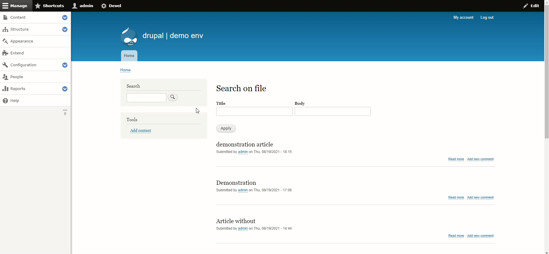 demo of the search in file content